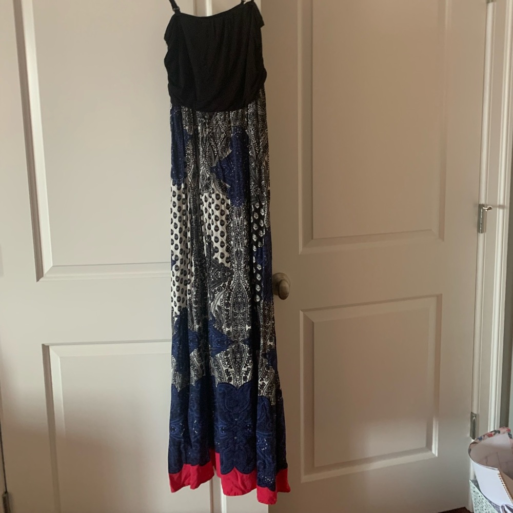 Anthropologie Maxi dress. Size M black top and printed blue bottom.